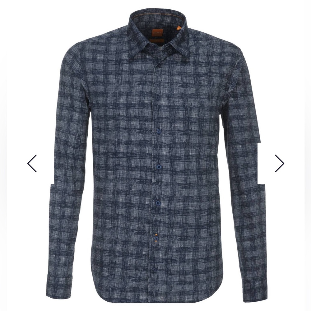 Boss Orange Blue Plaid Cotton Long Sleeve Shirt Slim Fit